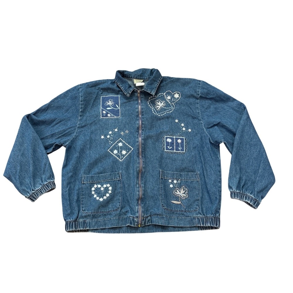 Teddi Denim Jacket Women Blue Vintage Floral Embroidered Boho Zip SIZE XL